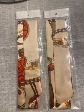 Silk-Feel Beige Equestrian Print  2 Twilly Scarf